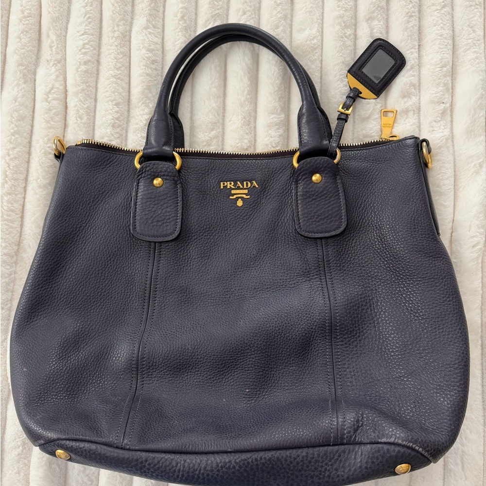 Prada Dark Blue Pebbled Leather Tote with Gold Hardware